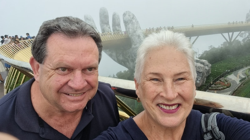 Alan and Rosalind on the Golden Bridge at Ba Na Hills in Central Vietnam