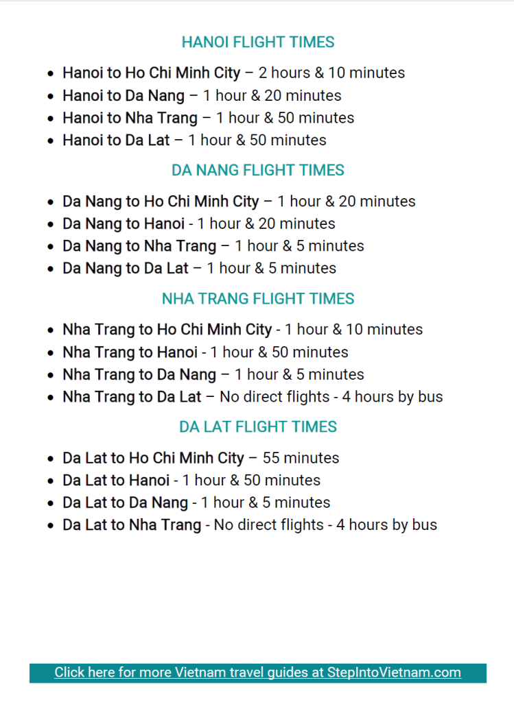 Vietnam travel itinerary flight times